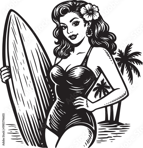 Pinup Woman with Surfboard Vintage Engraving Vector Illustration