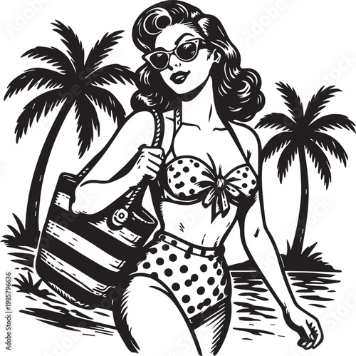 Pinup Woman Walking to Beach with Bag Vintage Engraving Vector Illustration