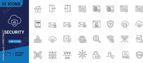 Security and data protection line icons representing network safety, digital access, and cybersecurity threats with cloud storage and wifi symbols