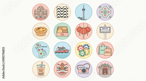 A collection of 16 circular icons representing various aspects of Macau, including landmarks, food, culture, and activities.