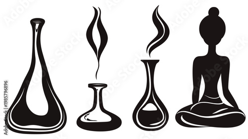 A minimalist illustration features stylized forms of vases, incense smoke, and a meditating human figure