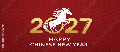 Happy Chinese New Year 2027 Greeting Card with White Horse Gold Numbers Red Pattern Background Lunar Vector Design