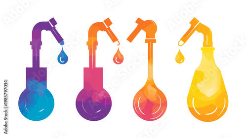 Four stylized lab equipment, each with a dripping droplet, in varied color gradients
