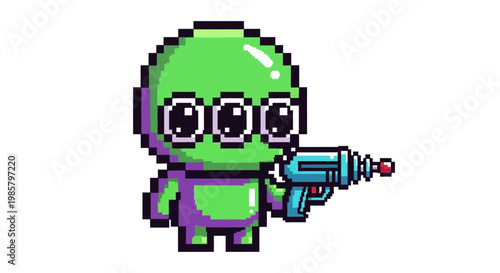 Pixel Art Green Alien Holding Ray Gun.