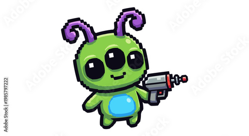 Pixel Art Green Alien Holding Ray Gun.
