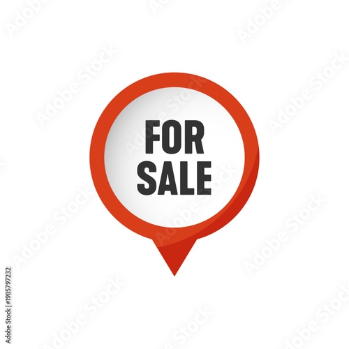 For sale red vector pin banner real estate or retail promotion circular pointer icon in flat style isolated on white background