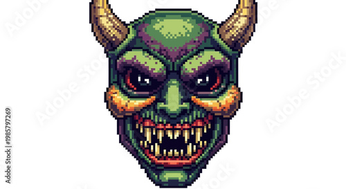 Pixel Art Green Demon Face with Horns and Sharp Teeth.