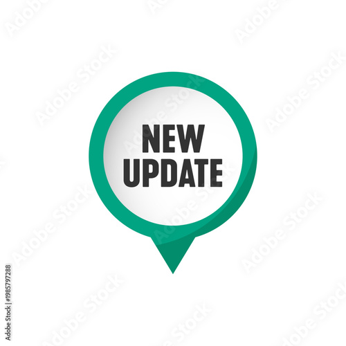 New update green vector pin banner software upgrade announcement pointer icon in flat style isolated on white background