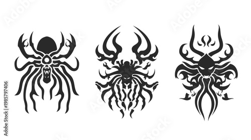 Three stylized, symmetrical black creature illustrations, possibly mythical, on a clean white background