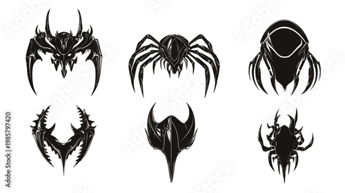 Black graphic illustrations of grotesque insect-like creatures in various stylized, threatening poses