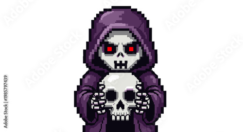 Pixel Art Grim Reaper Holding Skull Character.