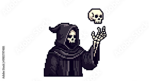 Pixel Art Grim Reaper Holding Skull.
