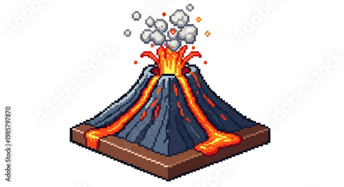 Pixel Art Isometric Volcano Erupting Lava and Smoke.