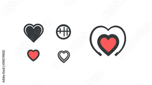 Collection of various heart-shaped graphic designs in different styles and colors on a white background