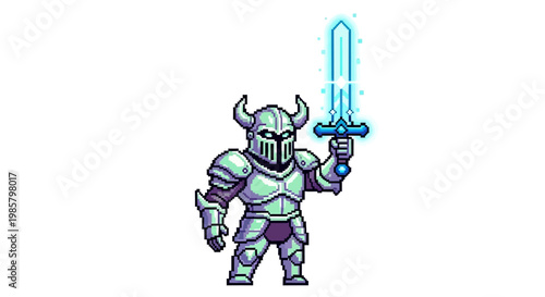 Pixel Art Knight Warrior Holding Glowing Sword.