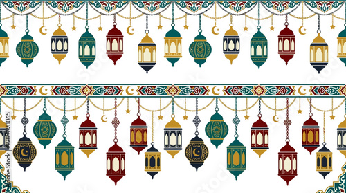 Fotografie Colorful Lanterns Hanging in Row.