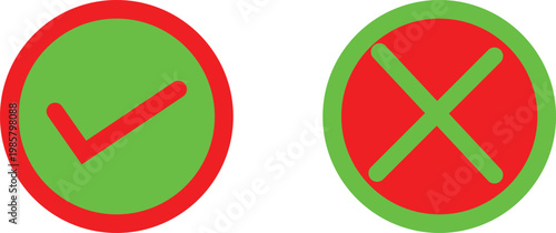 Checkmark and cross icons in circular frames, green and red validation symbols, flat vector set for interface design and status indication