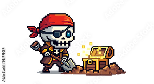 Pixel Art Pirate Skeleton Digging Treasure Chest.