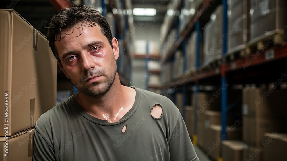 Fototapeta premium Exhausted worker in a cluttered warehouse