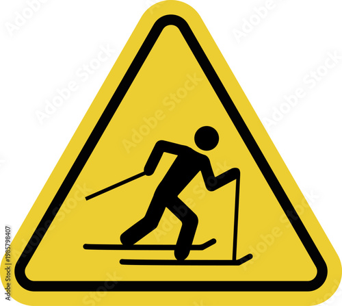 Skier zone. Yellow warning triangle sign. Winter tourist route. Ski slope. Skier activity zone.