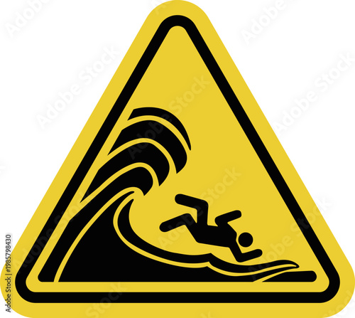 Large waves. Yellow warning triangle sign. Risk of drowning. Storm warning. Injury due to wave impact. Stay away from the edge, do not enter the water.
