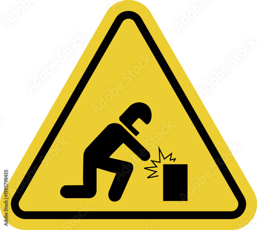 Electric welding. Yellow warning triangle sign. Wear protective equipment. Risk of burns and ignition of materials. High temperature. Welding.