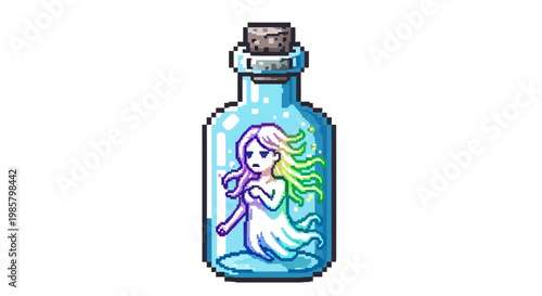 Pixel Art Mermaid Spirit Trapped Inside Glass Bottle.