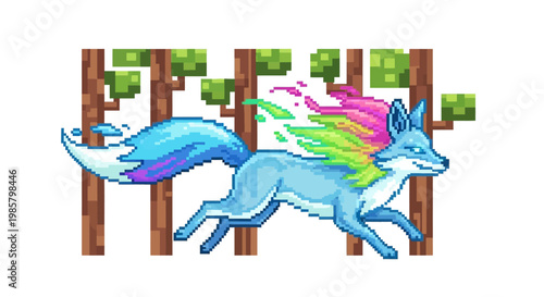 Pixel Art Rainbow Fox Running Through Forest.