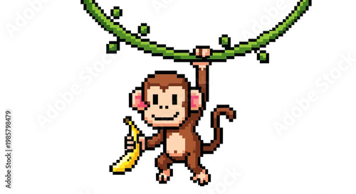 Pixel Art Monkey Hanging on Vine Holding Banana.