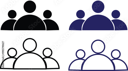 Minimalist people icons set, group of three users in solid and outline styles, black and navy blue team symbols for business interface design