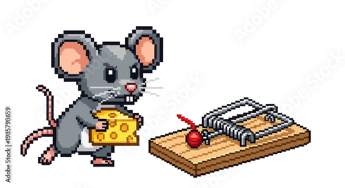 Pixel Art Mouse Stealing Cheese From Trap.