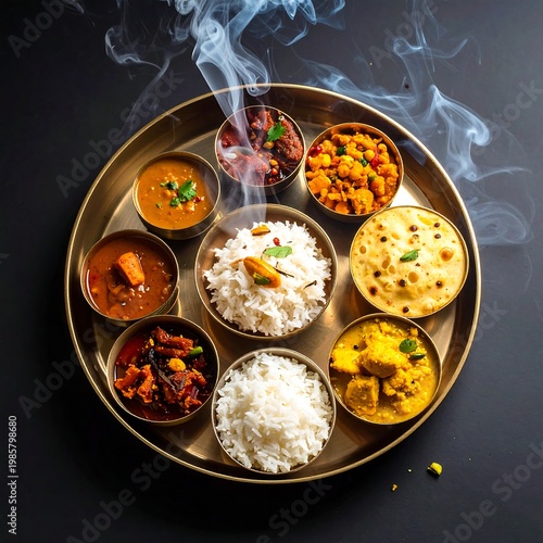 Steaming Indian thali with rice, curries, and flatbreads
