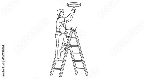 Man on a ladder installing or repairing a ceiling light fixture