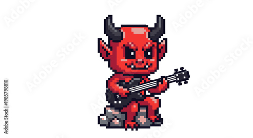 Pixel Art Red Devil Playing Guitar Sitting on Rocks.