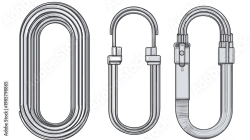 Three distinct carabiners, depicted with metallic sheen, showcasing different locking mechanisms