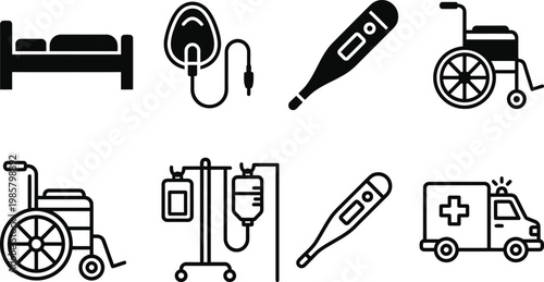 Medical equipment icons hospital supplies and healthcare tools in black outline