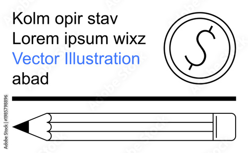 Education, finance, writing tools, currency symbol, text design, graphic layout. Pencil design alongside minimalistic currency symbol and text elements. Education and finance concept