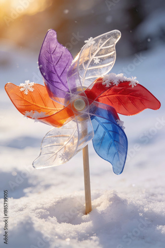 Pinwheel toy with leaf-shaped blades covered in snowflakes, standing in snow during winter
