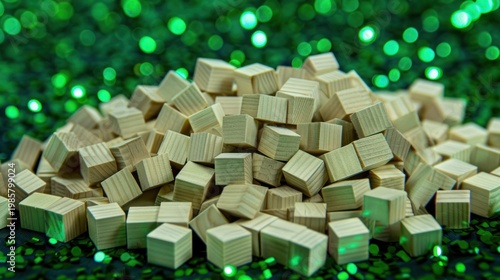 Wooden Blocks Piled on Glittering Green Bokeh Background