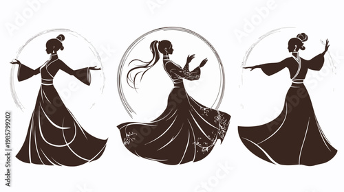Three elegant silhouette figures in traditional dress, each framed by a circular brushstroke