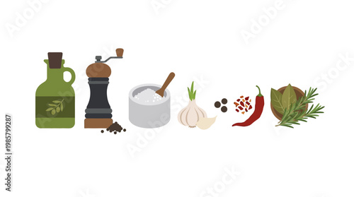 Collection of cooking ingredients and tools.