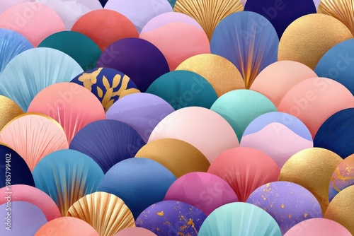 Iridescent mermaid scale seamless pattern background with colorful abstract shells and gold accents