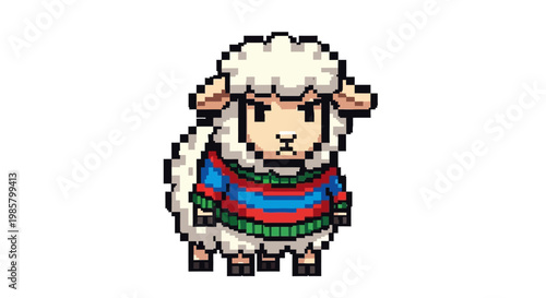 Pixel Art Sheep Wearing a Colorful Sweater.