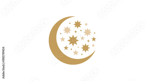 Golden crescent moon with stars.