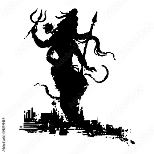 black silhouette of hindu god shiva holding a trident with grunge ink effects