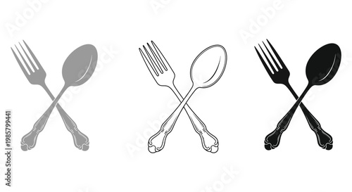 Spoon vector illustrations in various styles and colors with forks