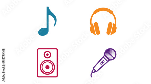 Music icons with headphones and microphone.