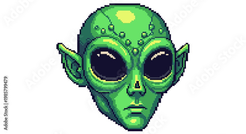 Pixel Art Green Alien Head Close Up.