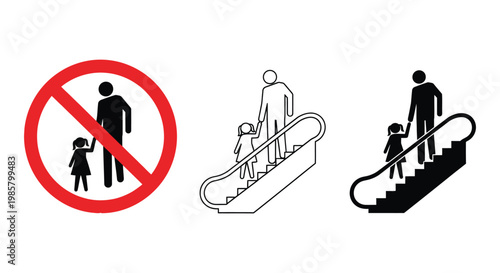 Escalator icon set with adult and child illustrations and warning sign
