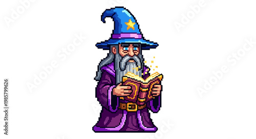 Pixel Art Wizard Reading Ancient Spell Book.